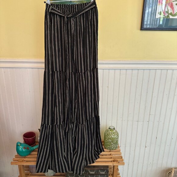 Maxi Skirt Black White Pull On belted stretch waist flowy bohemian M Blue Rain - Picture 1 of 7